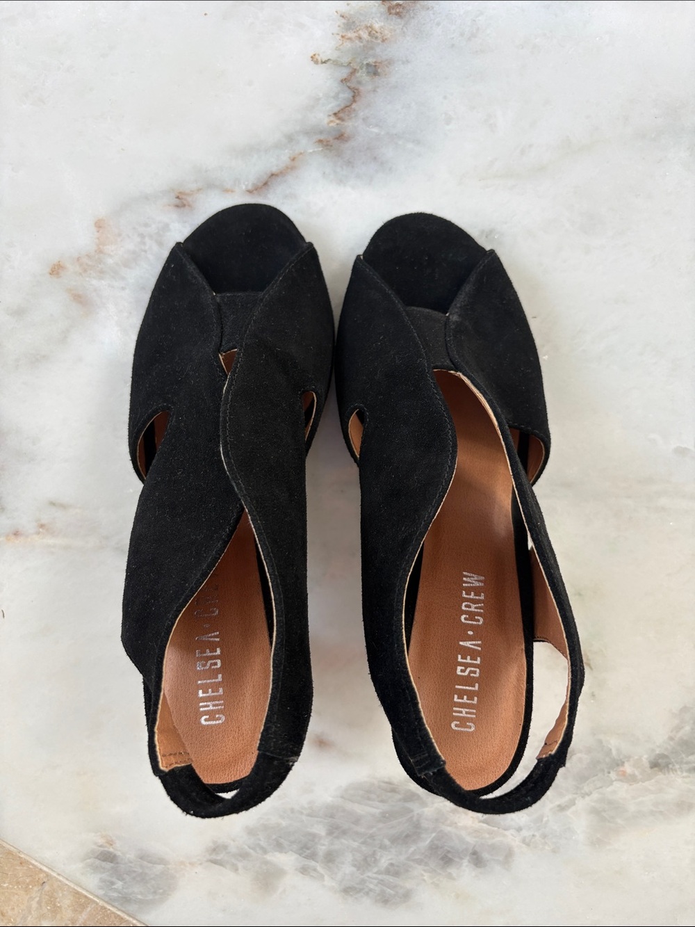 chelsea crew Black Suede Peep-Toe Slingback Sandals